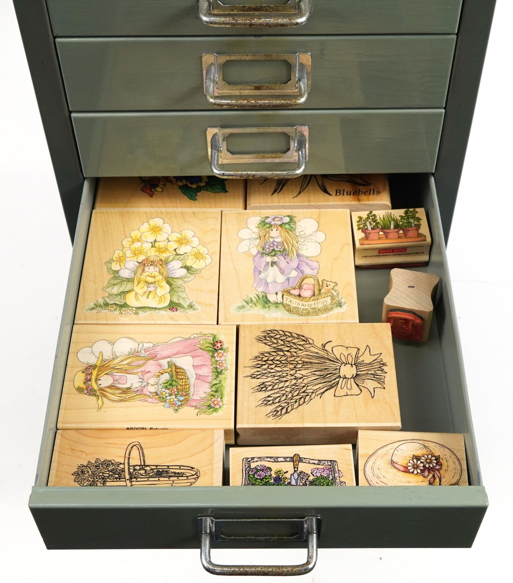 Large collection of wooden printing blocks and ink stamps housed in a Bisley ten drawer filing - Image 6 of 13