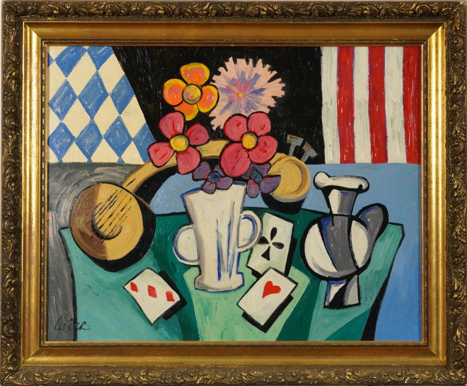 Still life with playing cards, semi abstract French school oil on canvas, mounted and framed, 59cm x - Image 2 of 5