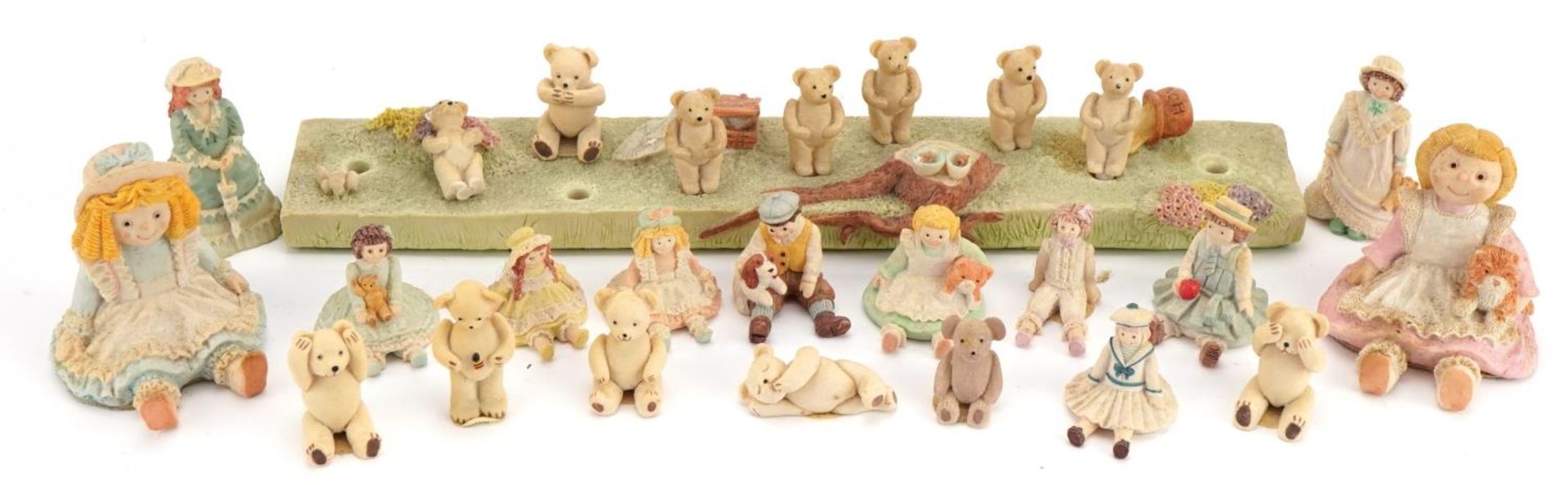 Collection of miniature Lammermuir teddybears on display stand and rag dolls, the largest 25.5cm