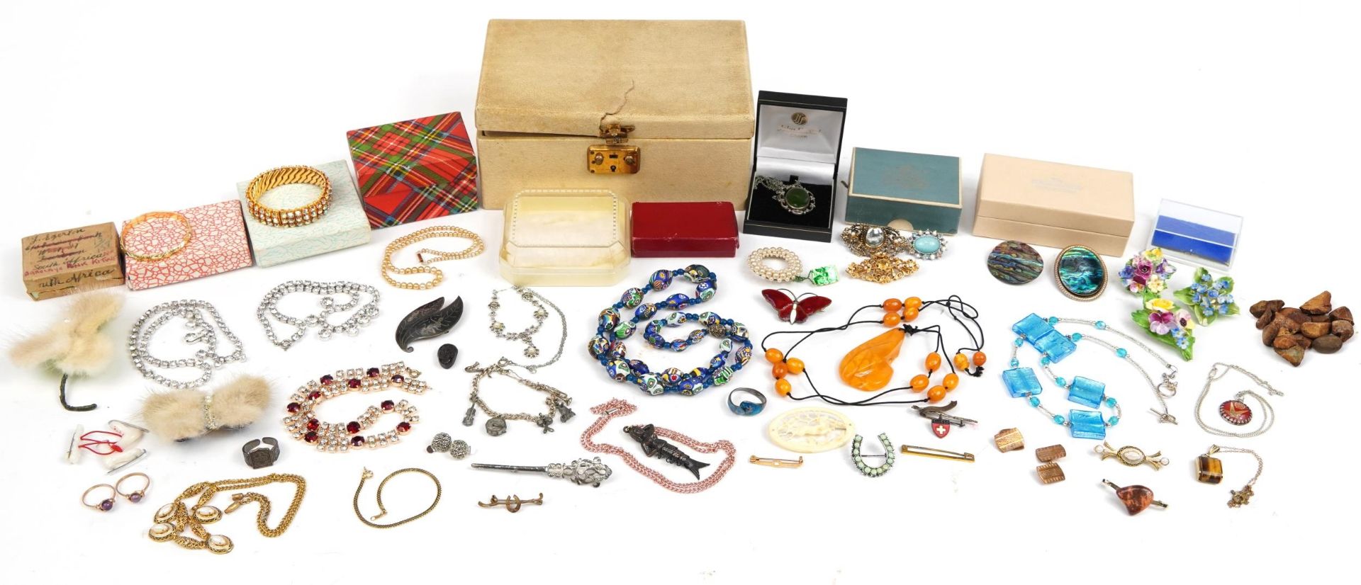 Vintage and later costume jewellery including bracelets, cufflinks, brooches and a simulated pearl