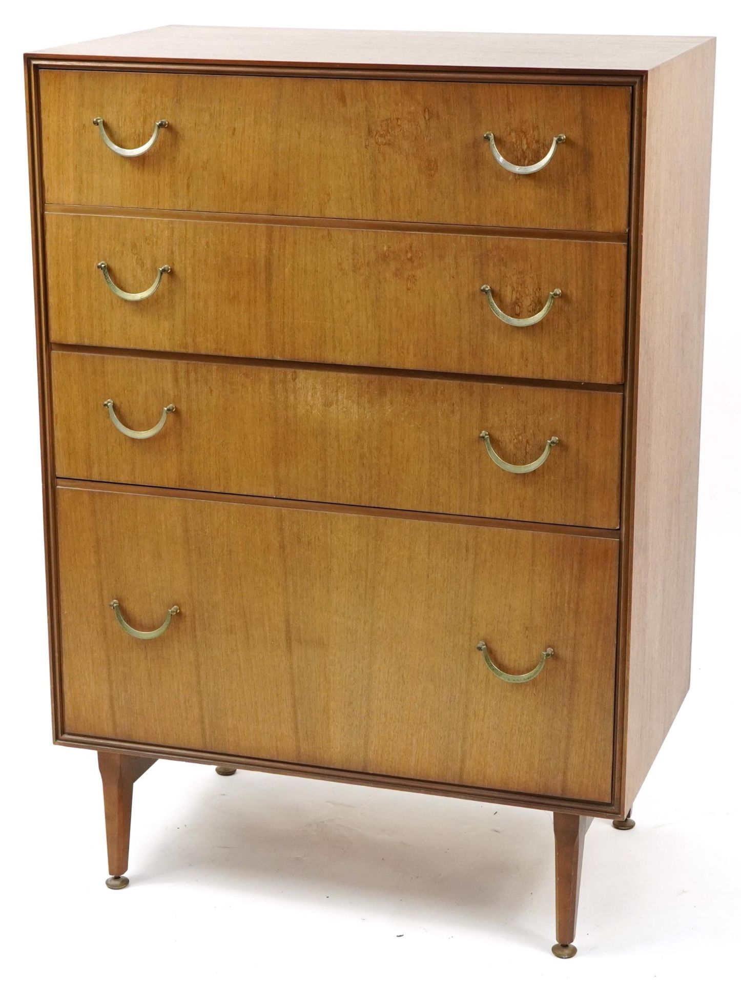 Vintage Meredew four drawer chest with brass handles, 110cm H x 76cm W x 45.5cm D