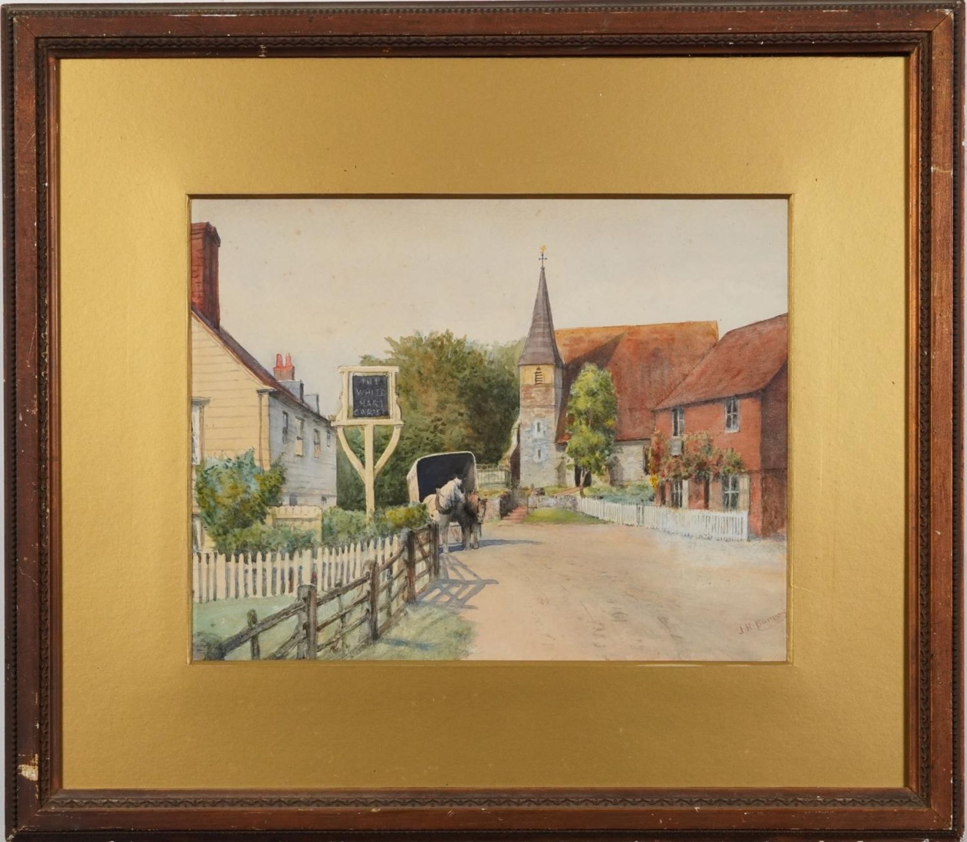 J H Burrow - Street scene with horse and cart, early 20th century watercolour, mounted and framed, - Image 2 of 5