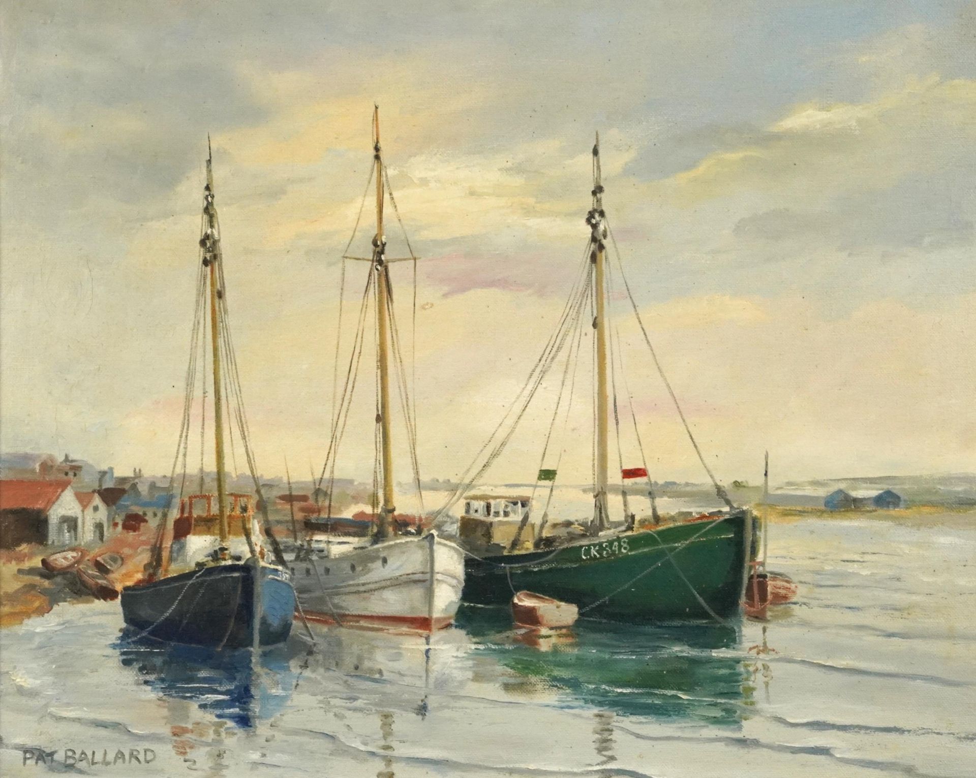 Pat Ballard - Three fishing boats, oil on board, South Eastern & International Federation of Art