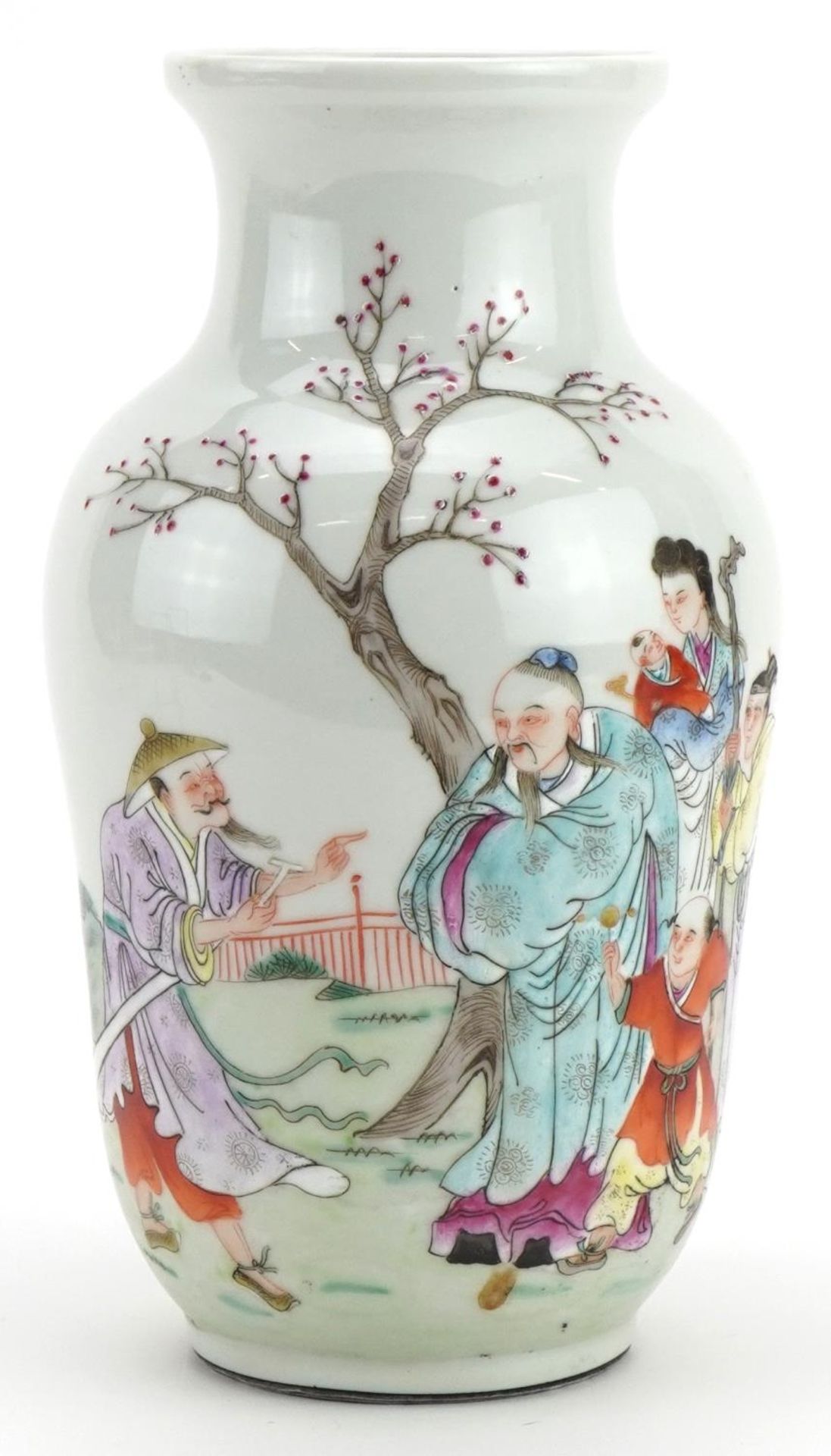 Chinese porcelain vase hand painted in the famille rose palette with figures before a landscape,