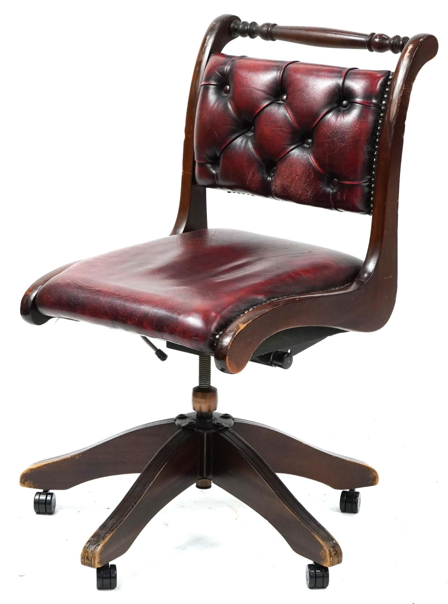 Mahogany framed captain's chair with oxblood leather button back and seat, 92cm high