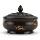 Chinese gold splashed bronze censer with pierced lid, the pierced lid decorated with bats, character