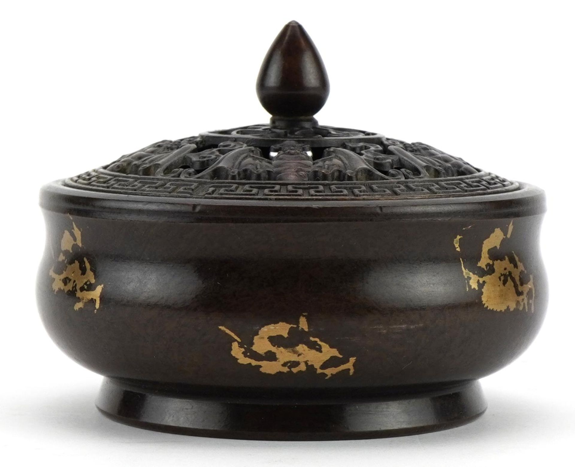 Chinese gold splashed bronze censer with pierced lid, the pierced lid decorated with bats, character