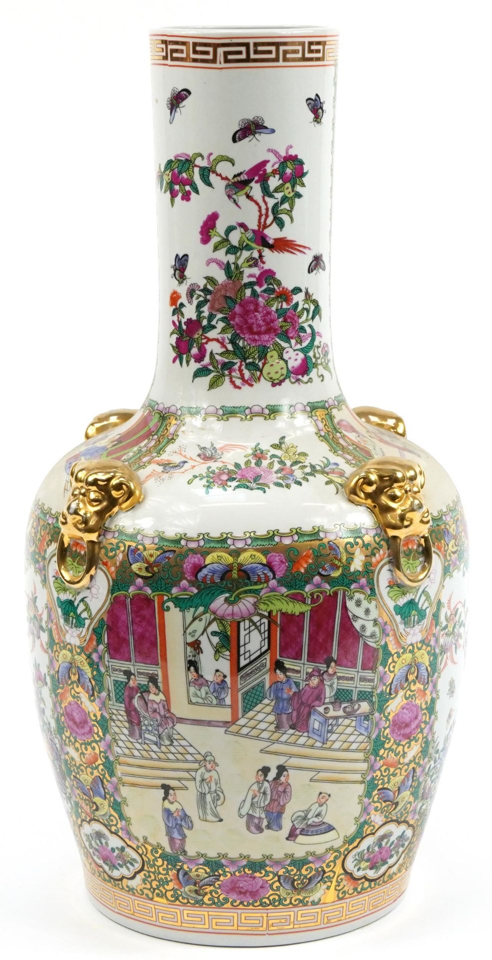 Large Chinese Canton porcelain vase with lion mask handles decorated with figures and birds of