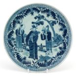 Chinese blue and white porcelain plate decorated with an emporer in a palace setting, 25.5cm in