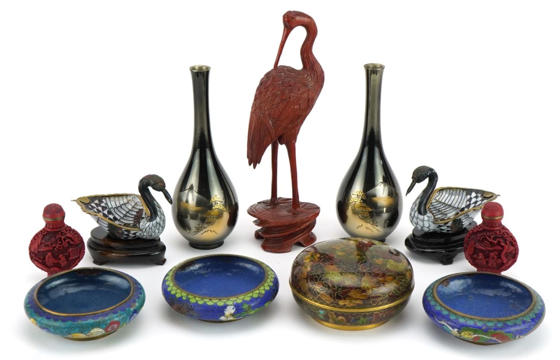 Chinese collectables including cloisonne dishes enamelled with dragons, pair of cinnabar lacquer