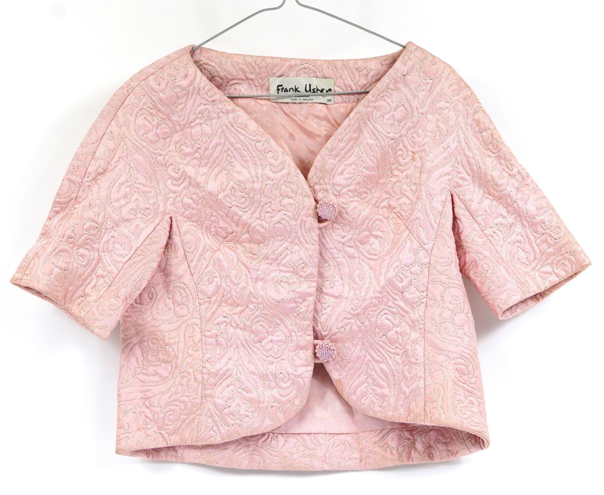 Pink silk Frank Usher ladies' short jacket with gold braiding, size 38
