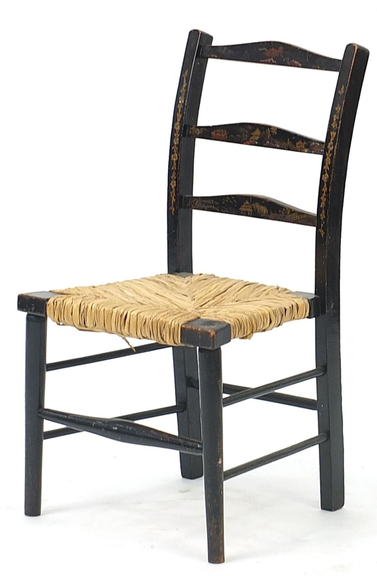 Black lacquered chinoiserie child's chair with wicker seat, 63cm high