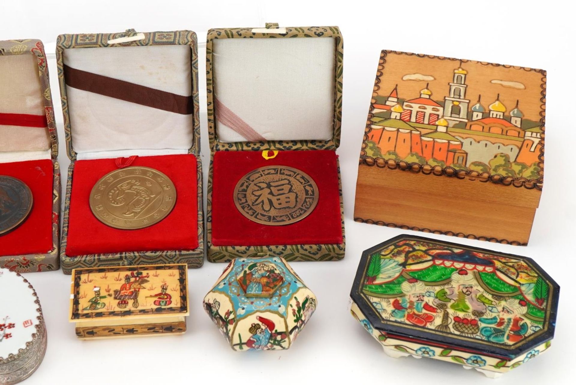 Sundry items including Persian painted bone boxes, Chinese medallions and a Russian lacquered box, - Image 3 of 3