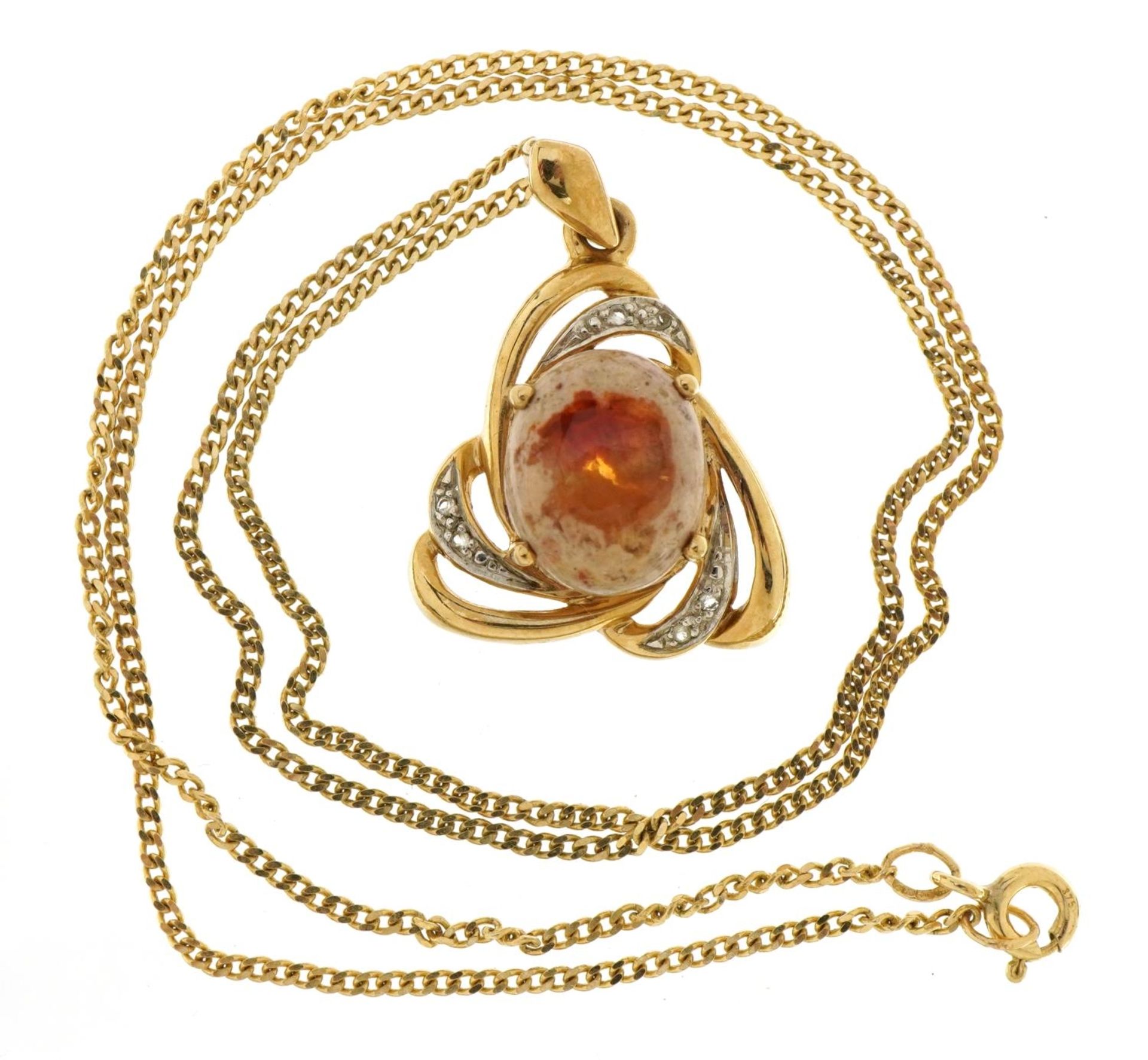 9ct two tone gold cabochon orange stone pendant set with clear stones on a 9ct gold curb link - Image 2 of 4