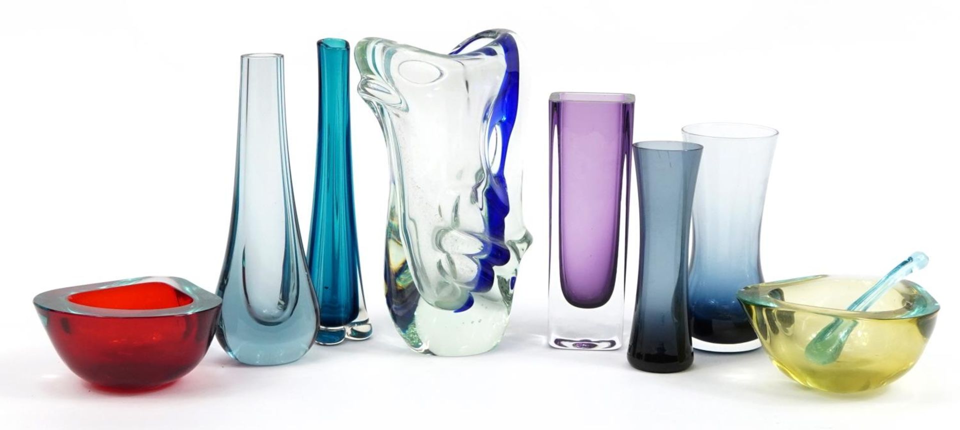 Art glassware including Caithness, Murano dishes and stylish vase with handle, the largest 22cm high