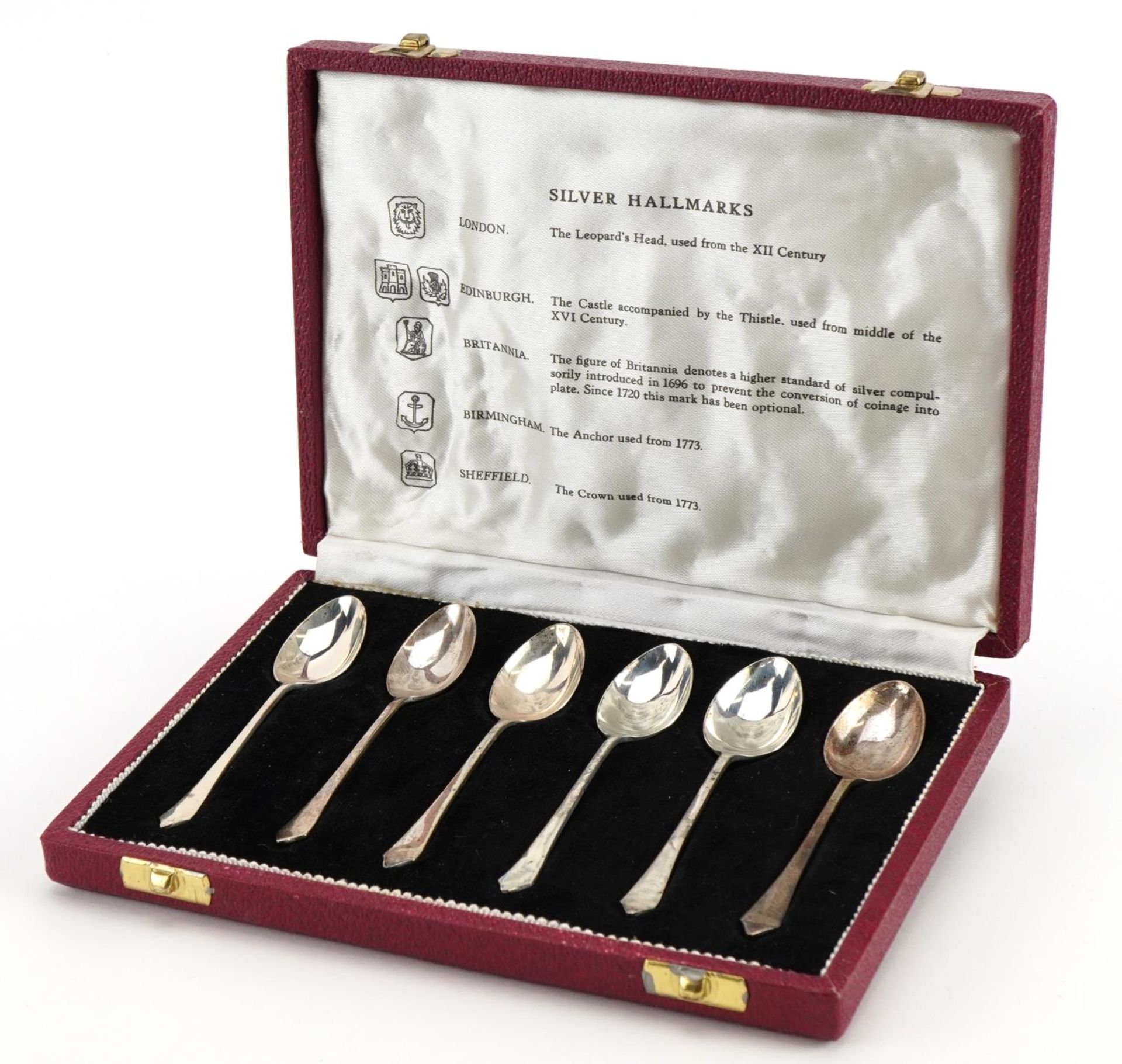 Set of six cased silver teaspoons with various hallmarks, each 9cm in length, total 38.7g