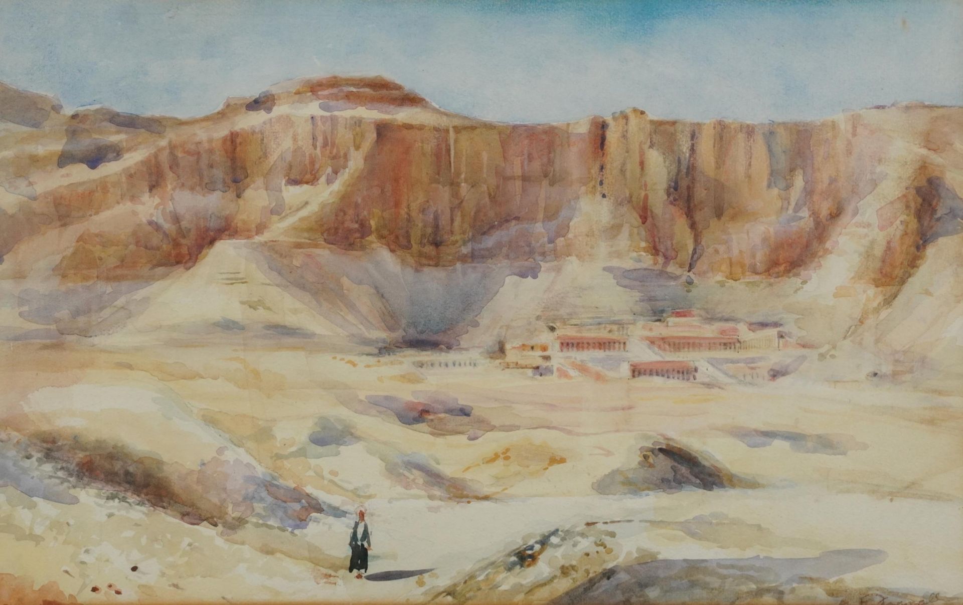 Pyramids and Quarry, two Middle Eastern school watercolours, each indistinctly signed, one partially - Image 2 of 10