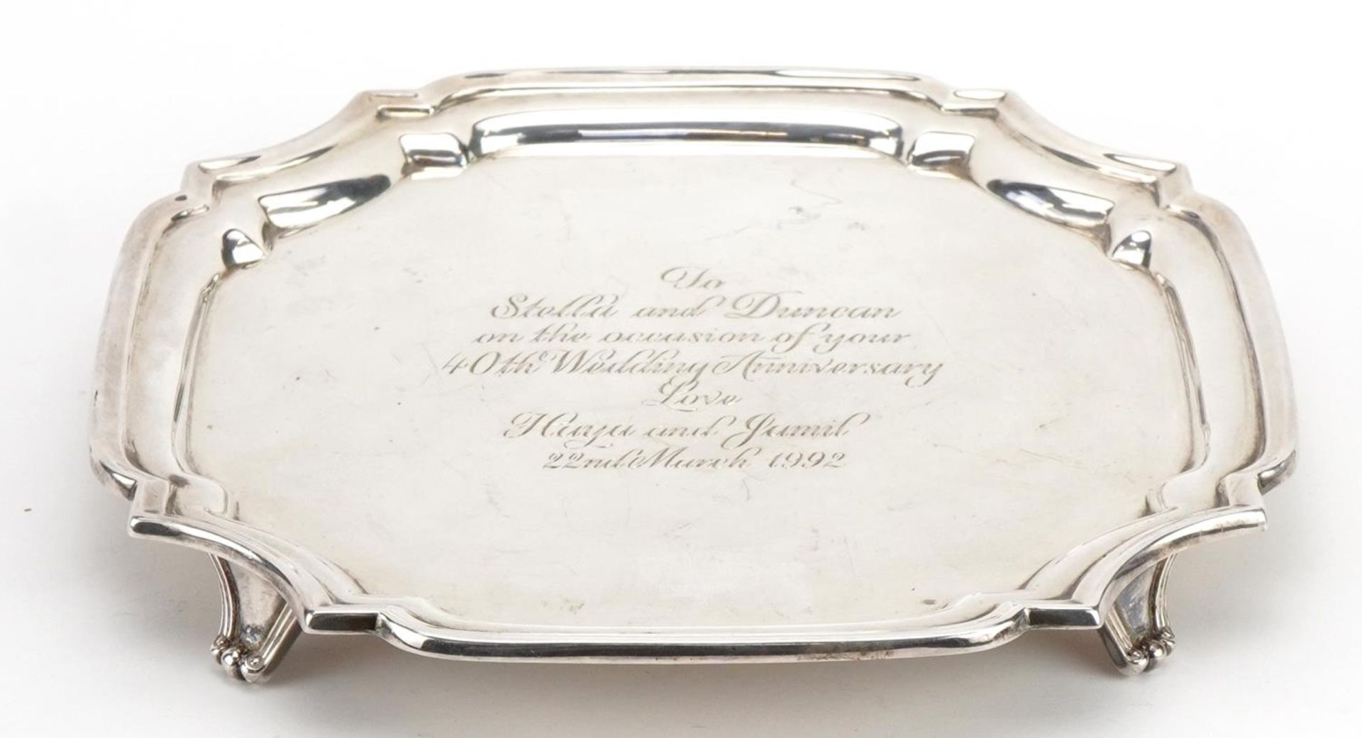 Asprey & Co Ltd, Elizabeth II silver four footed salver, Sheffield 1990, 19cm x 19cm, 343.0g - Image 2 of 5