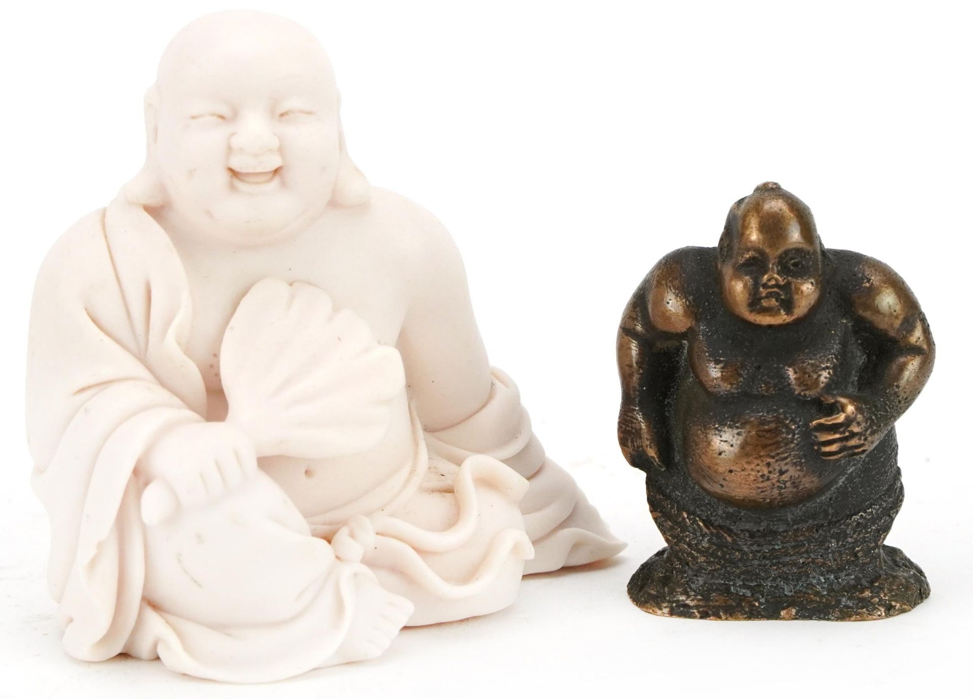 Chinese porcelain figure of seated Buddha and a bronze figure, the porcelain example with