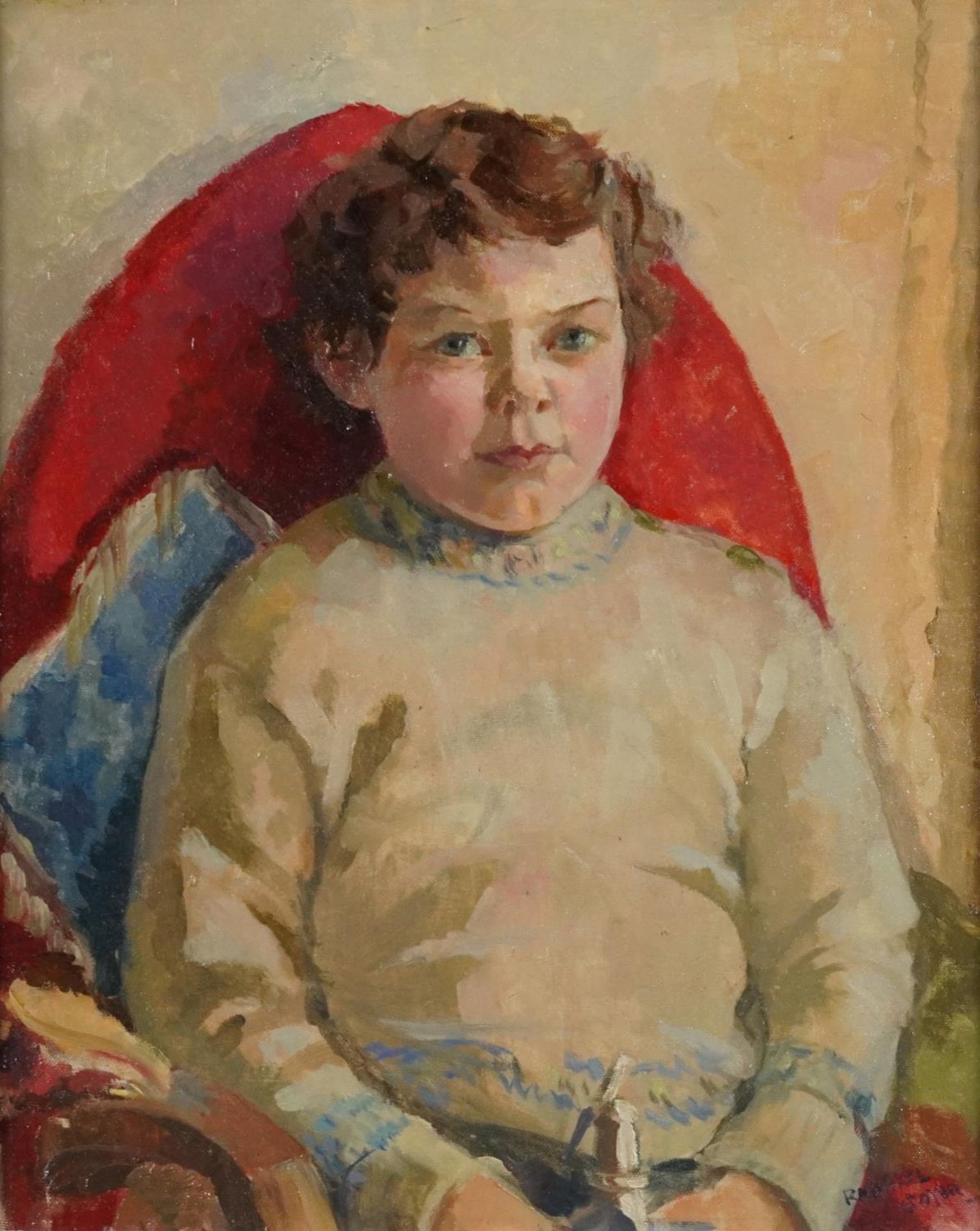 Portrait of a seated child, American school oil on board, mounted and framed, 53.5cm x 43.5cm