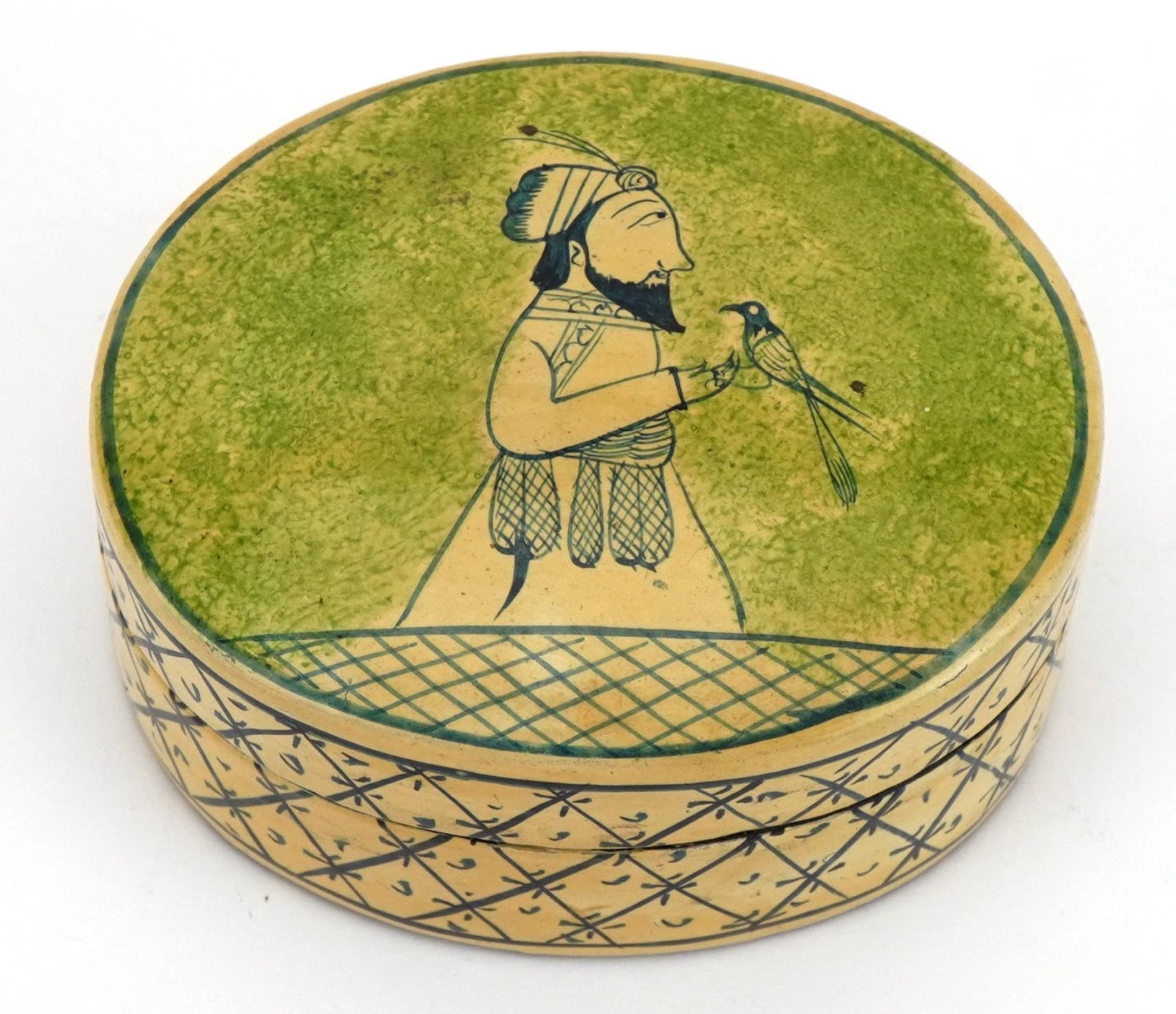 Indian papier mache box hand painted with a sultan, 8cm wide - Image 2 of 5
