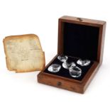 Mahogany cased set of five replica diamonds including Koh I Noor and Pitt, 6cm H x 12.5cm W x 12.5cm