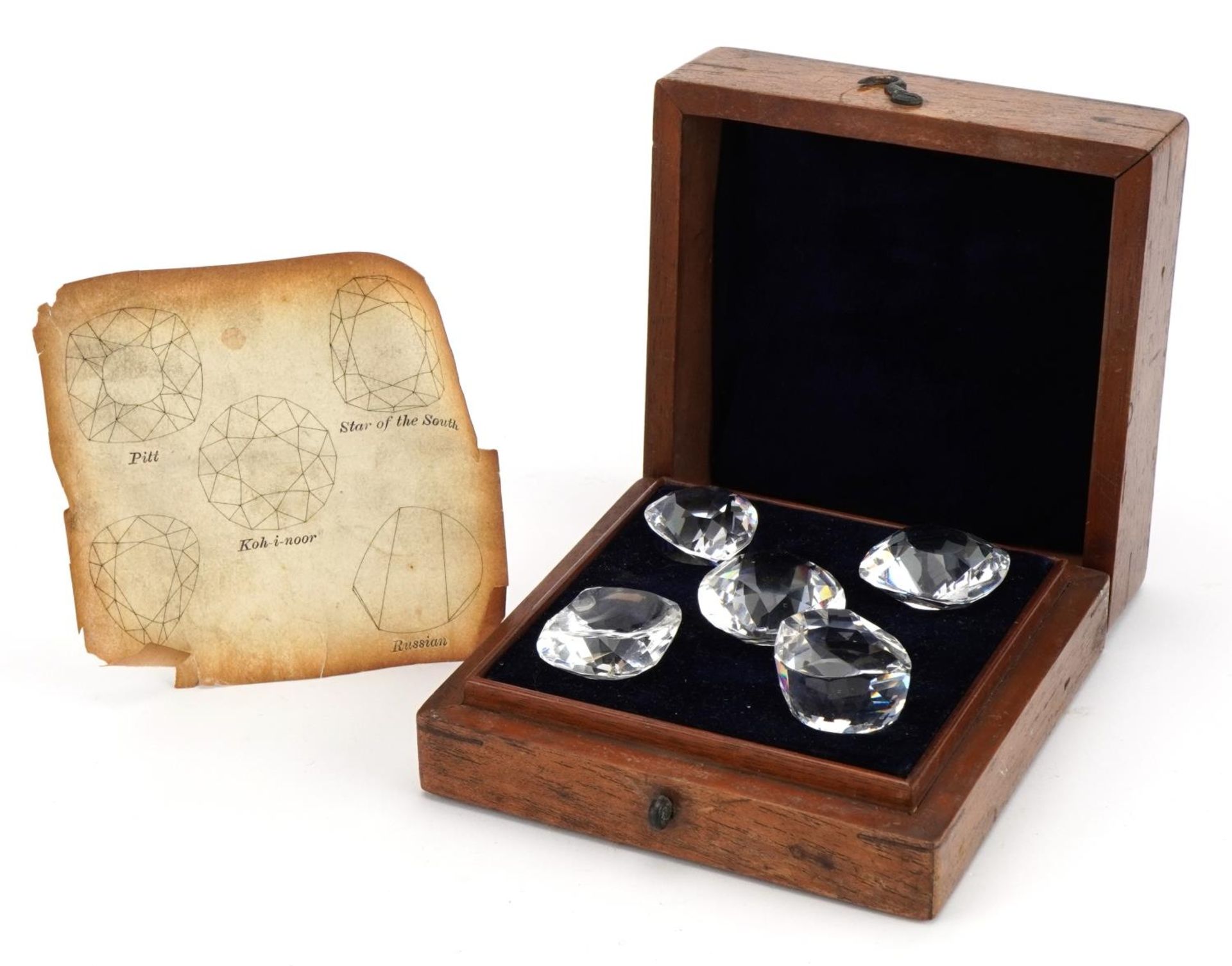 Mahogany cased set of five replica diamonds including Koh I Noor and Pitt, 6cm H x 12.5cm W x 12.5cm