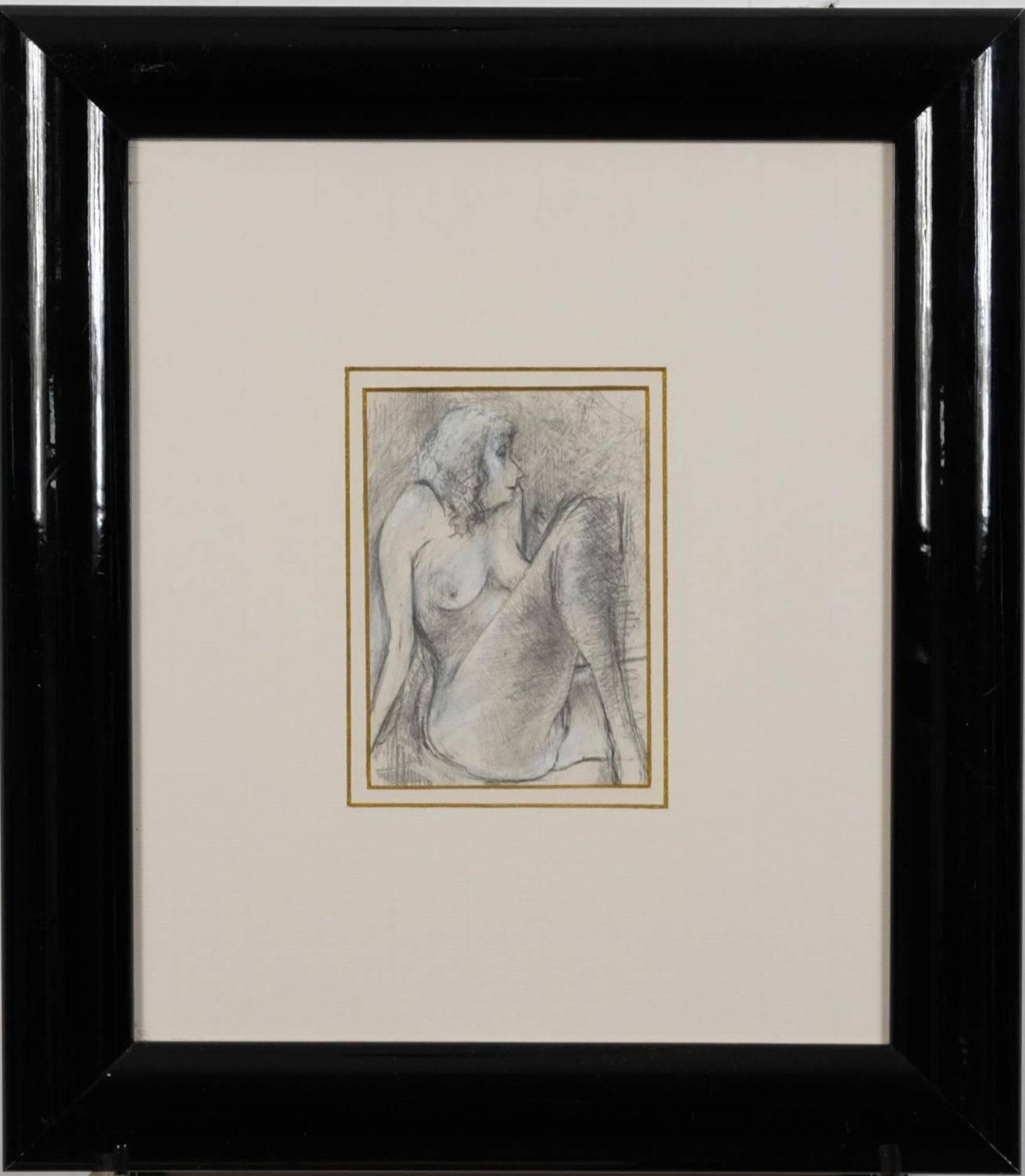 John Ivor Stewart - Seated nude female, heightened pencil drawing, signed to the reverse, mounted, - Image 2 of 4