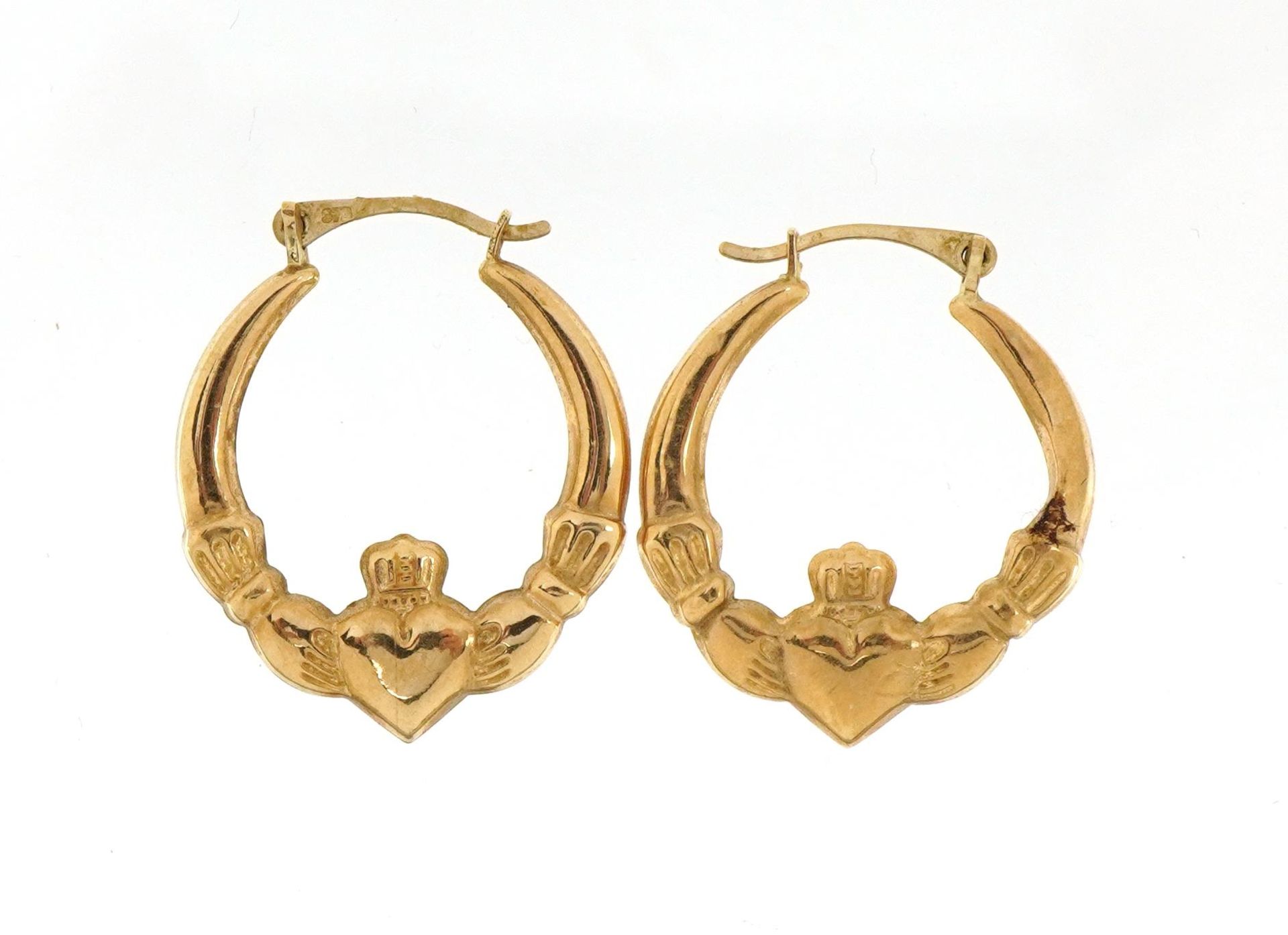 Pair of 9ct gold Claddagh design hoop earrings, 2.0cm in diameter, 1.0g