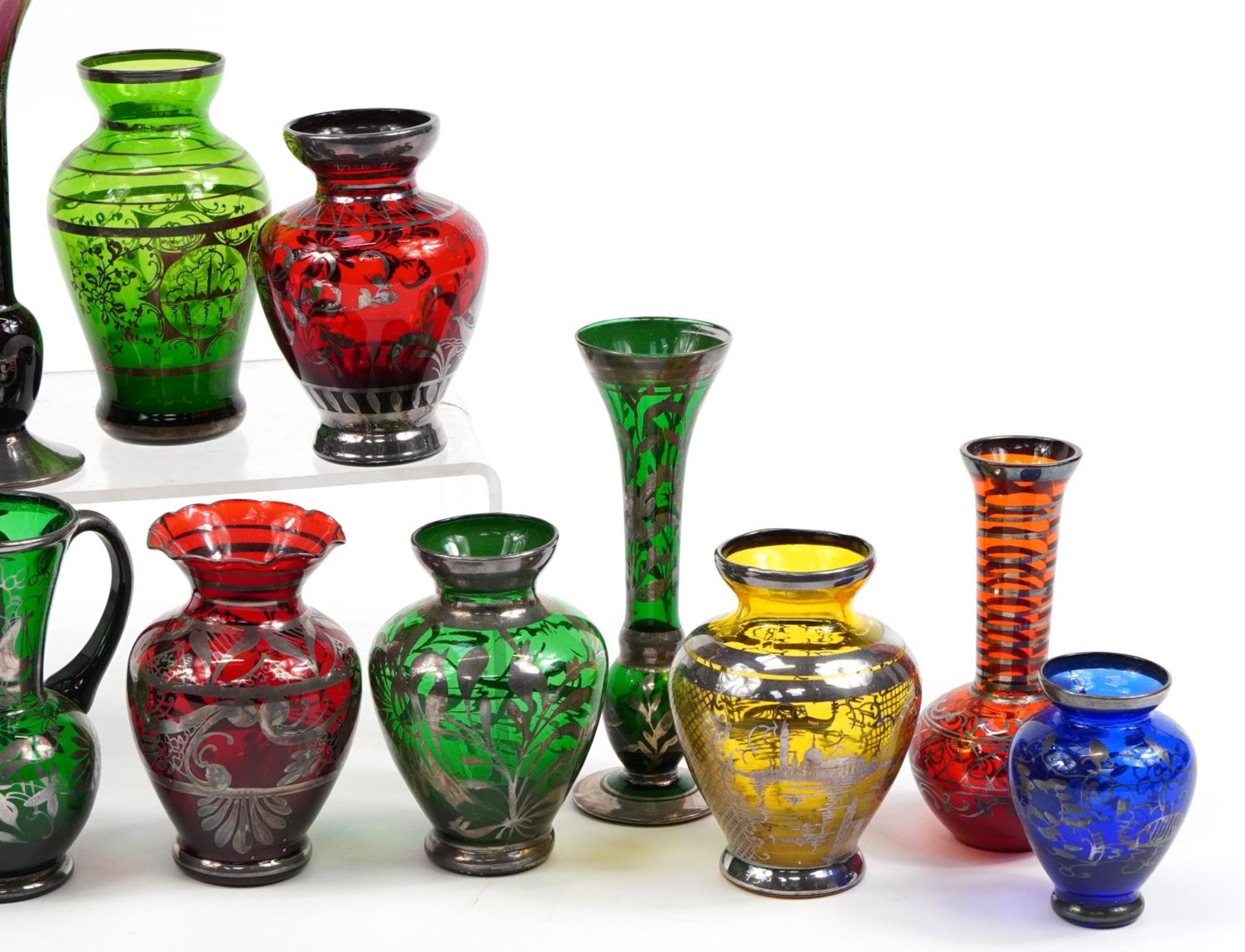 Collection of silver overlaid colourful glass vases and jugs, the largest 20cm high - Image 3 of 3