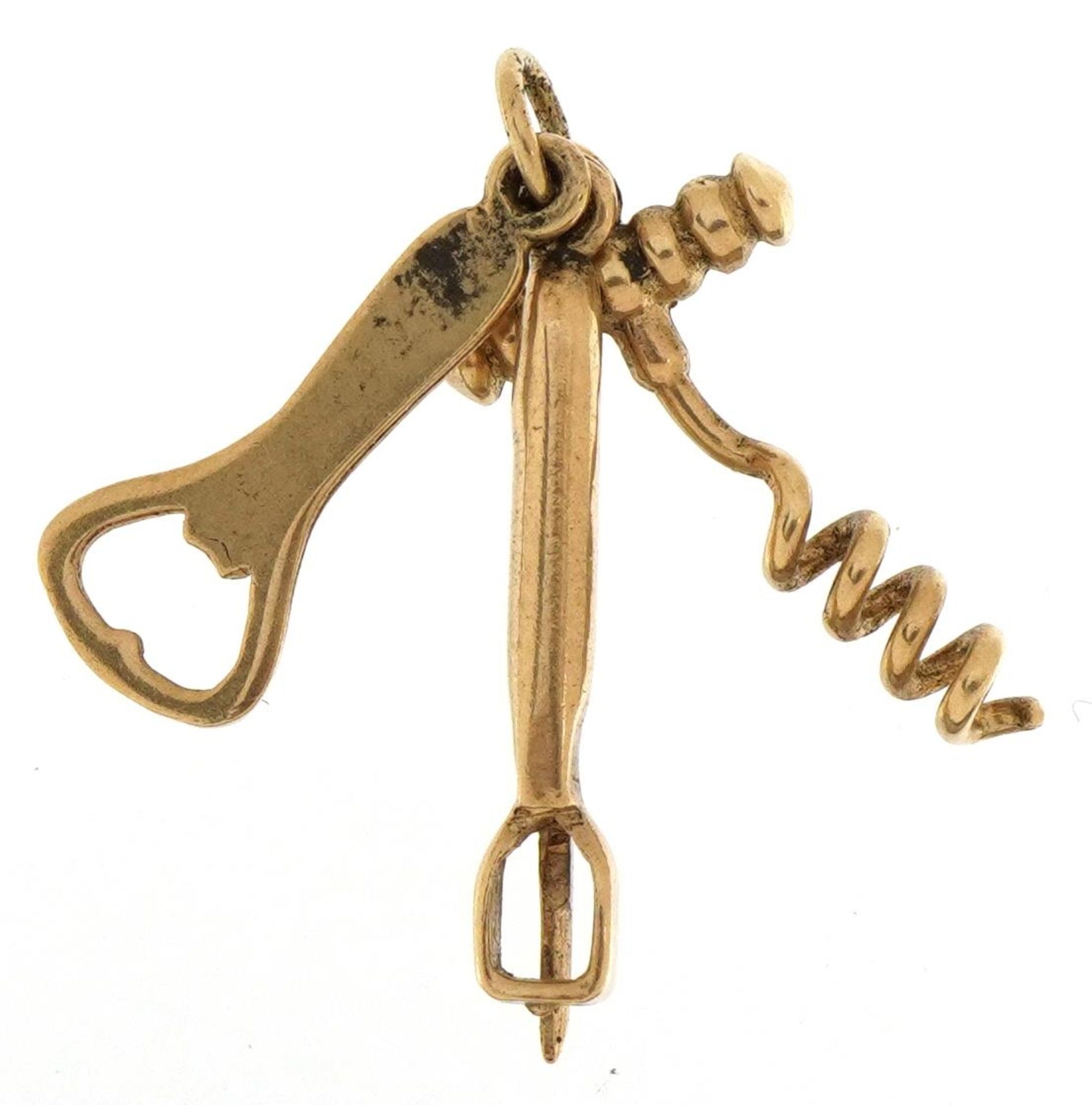 9ct gold bottle opener and corkscrew charm, 2.4cm high, 1.9g