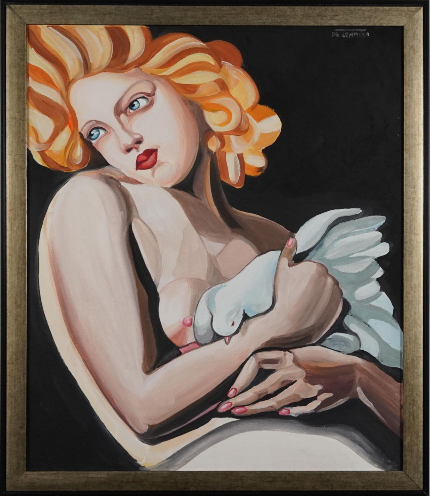 Manner of Tamara de Lempicka - Portrait of a nude female holding a dove, Polish school oil on board, - Image 2 of 4