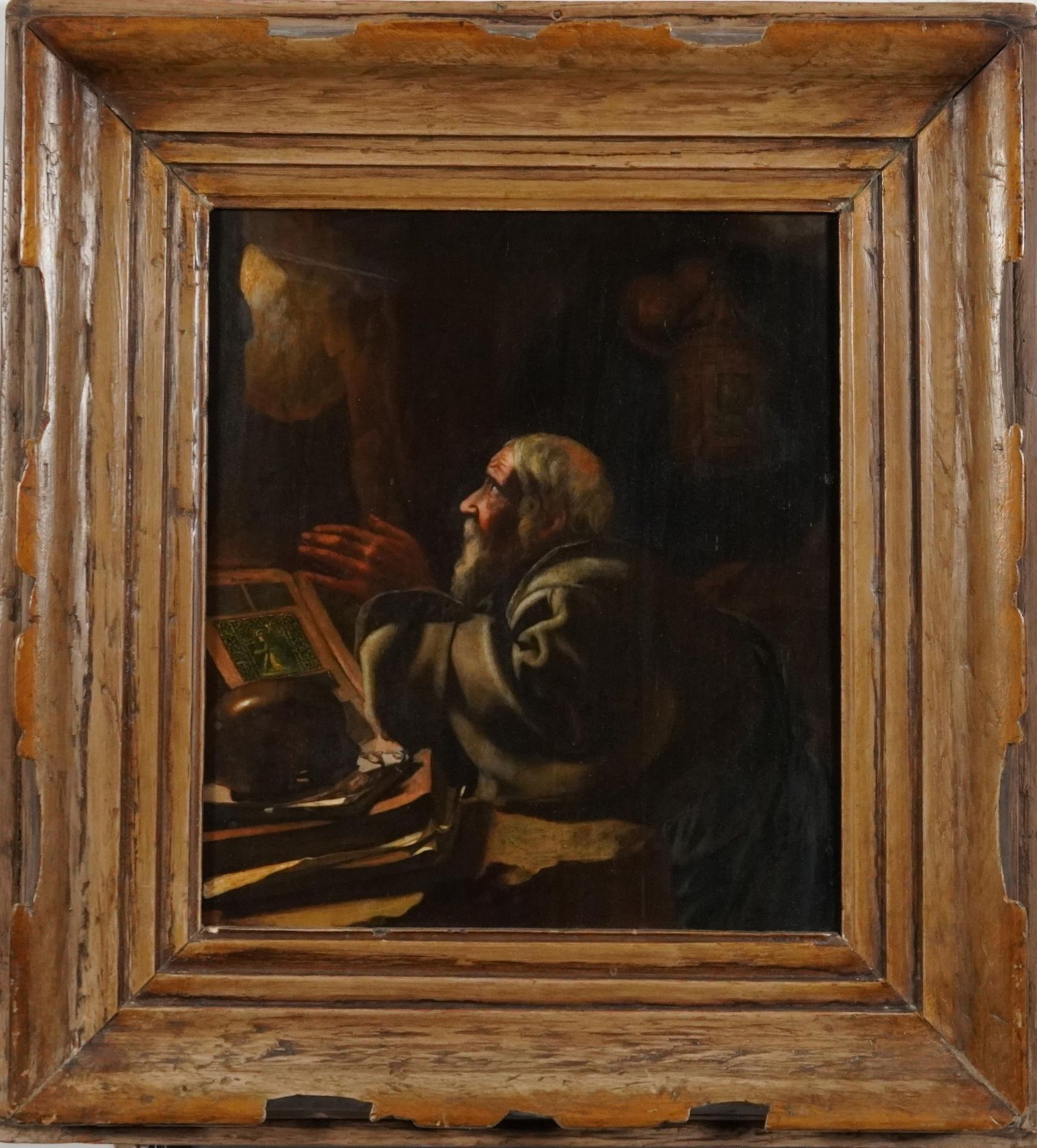 Saint at prayer in a cave beside Memento Mori Skull, 19th century oil on wood panel, framed, 28cm - Bild 2 aus 3