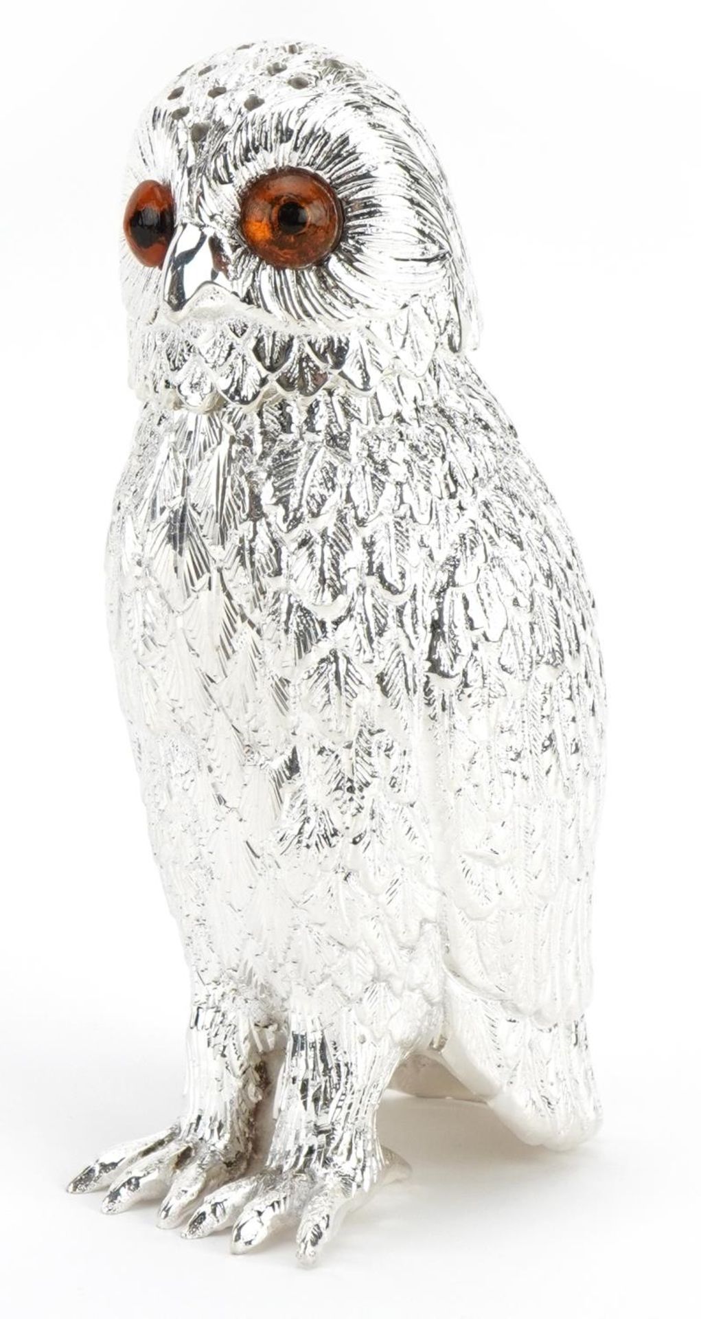 Novelty silver plated caster in the form of an owl, 15cm high