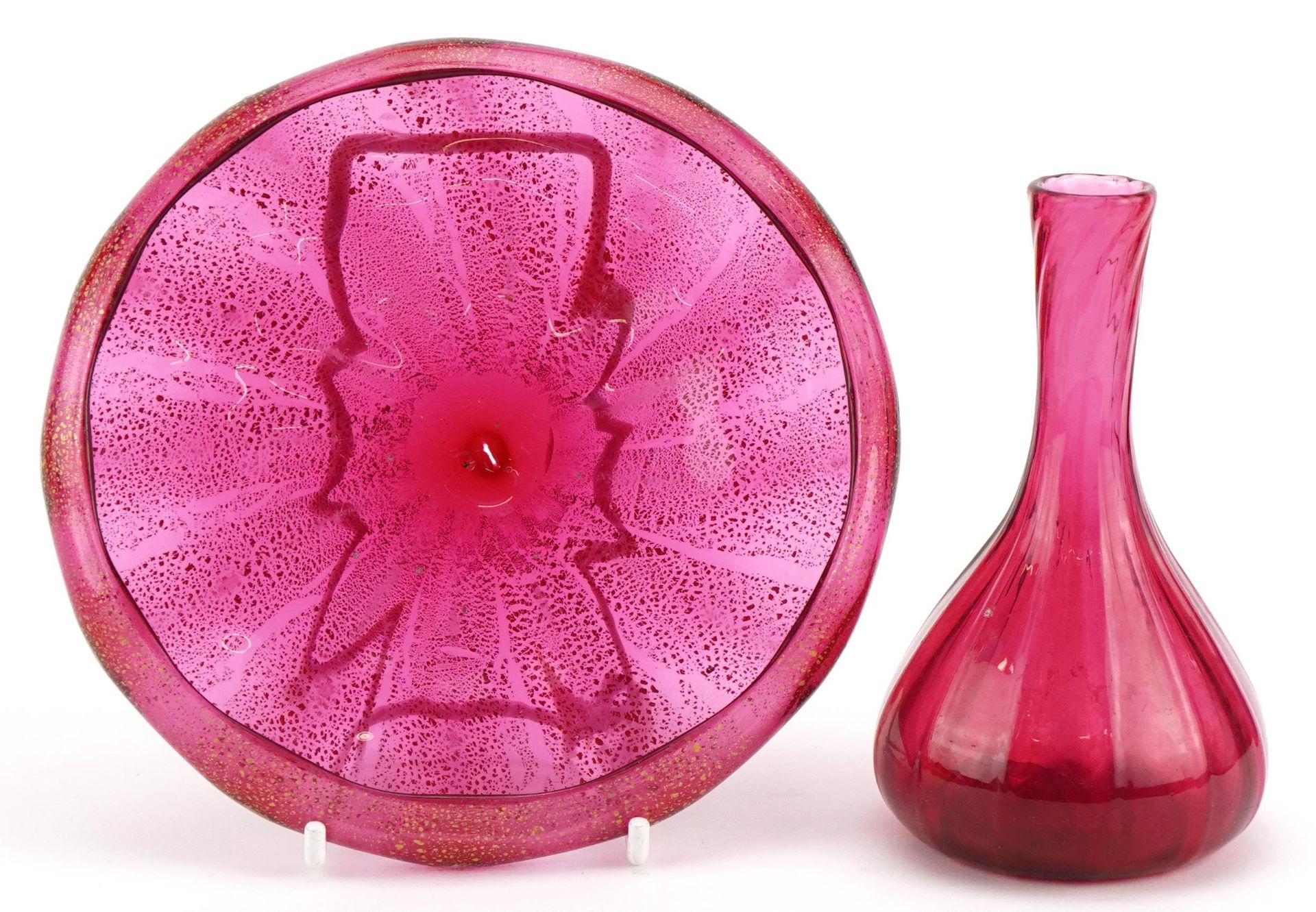 Murano gold flecked cranberry glass dish and a vase, the largest 15.5cm in diameter