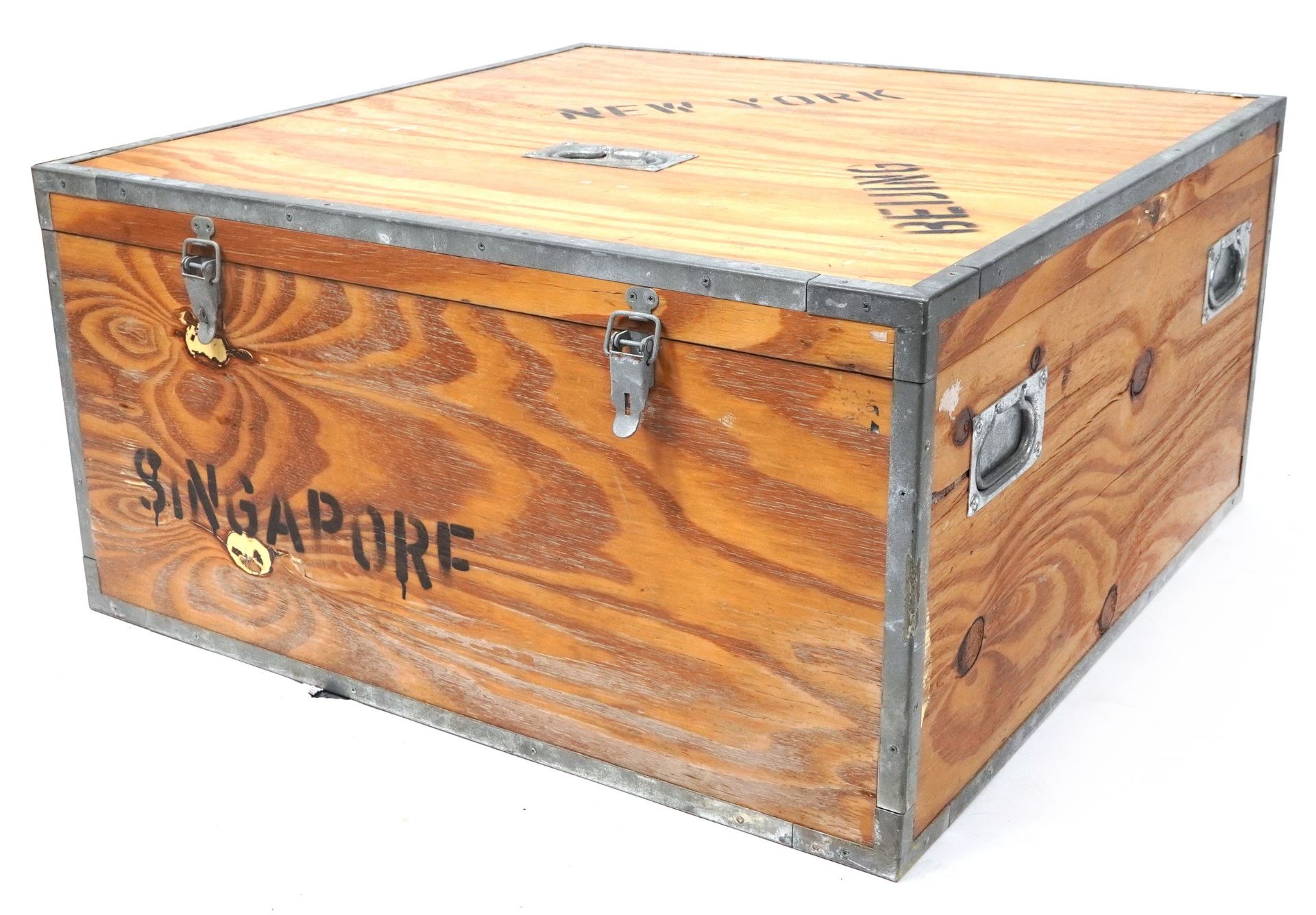 Large metal bound lightwood trunk, 40cm H x 80cm W x 80cm D