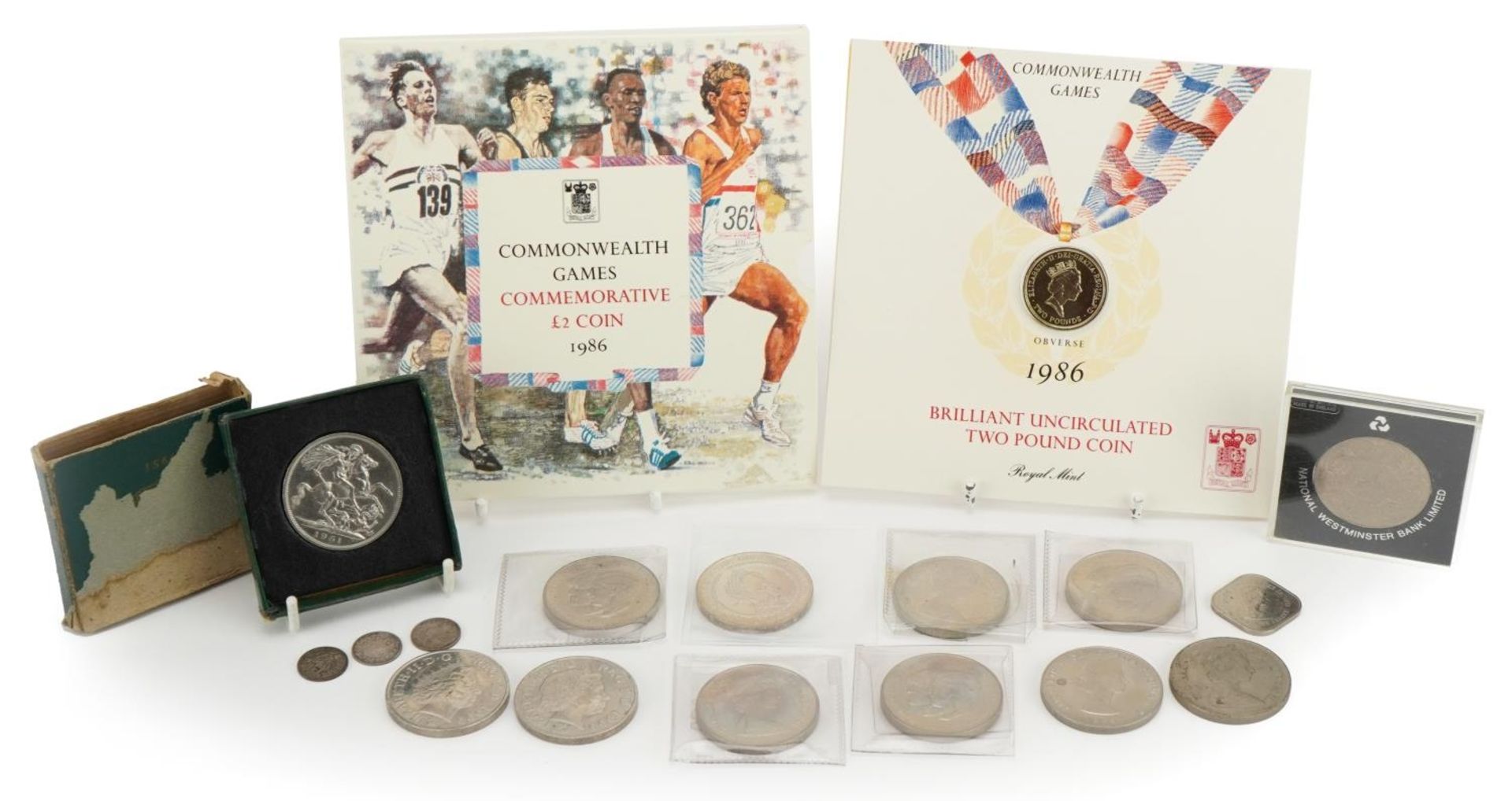 British coins including three commemorative five pound coins, Commonwealth Games commemorative two