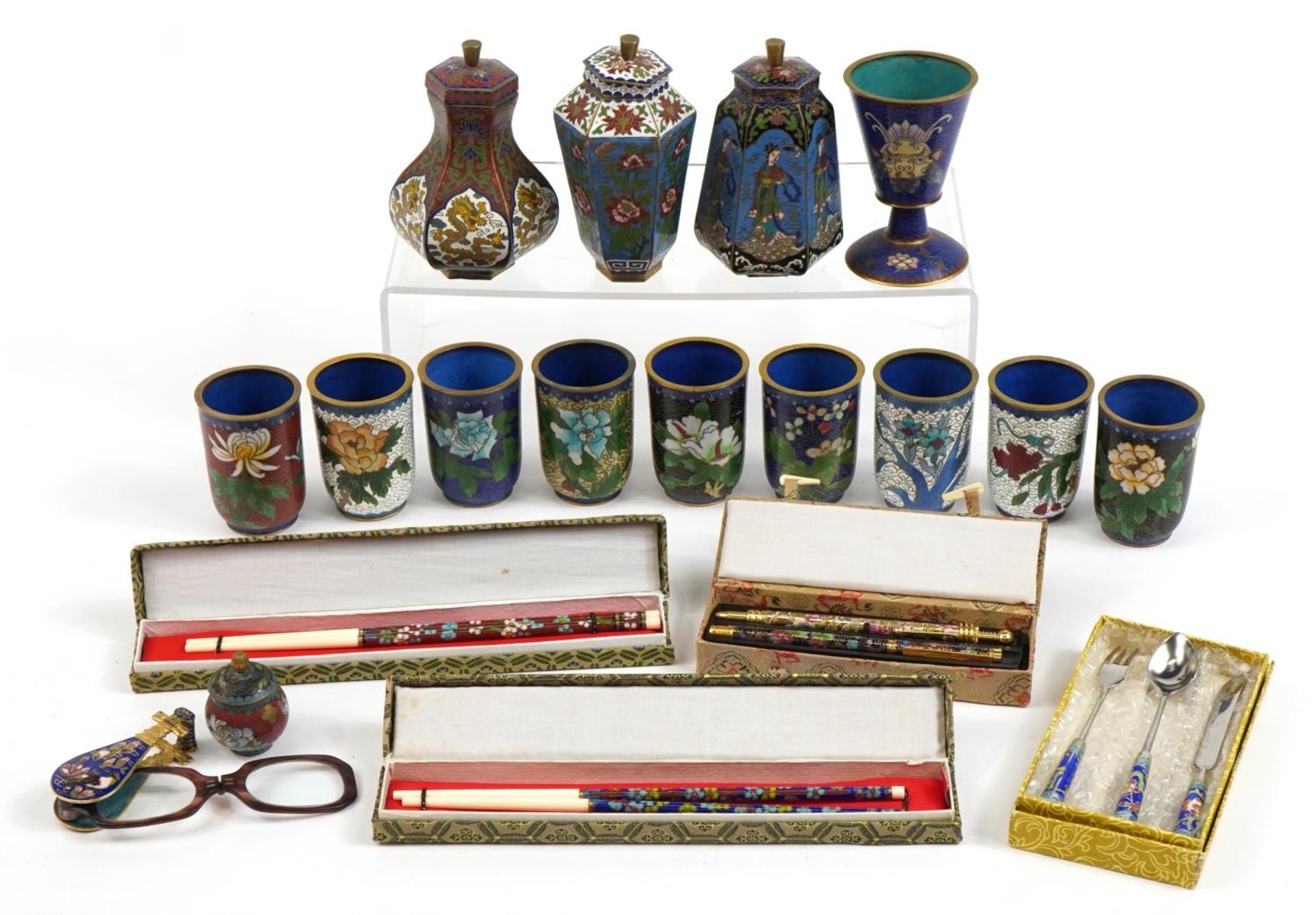 Collection of Chinese metal cloisonne objects including vases, pens, cutlery and folding spectacles,