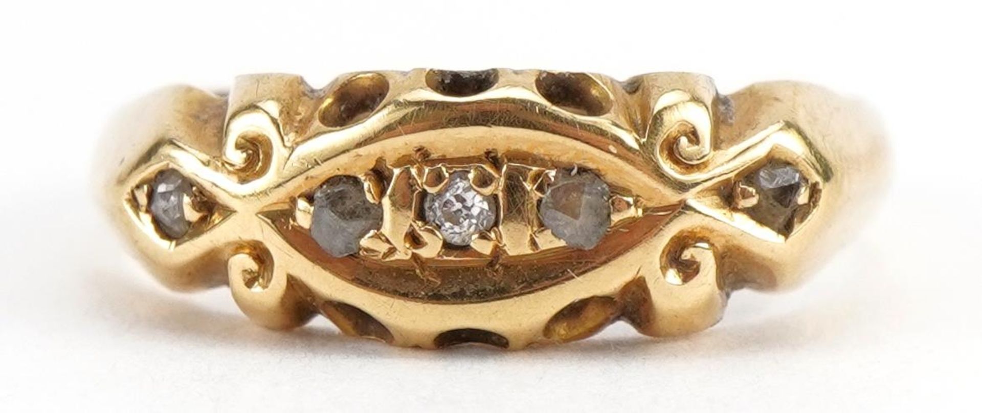 George V 18ct gold diamond five stone ring, Birmingham 1912, size J, 2.0g