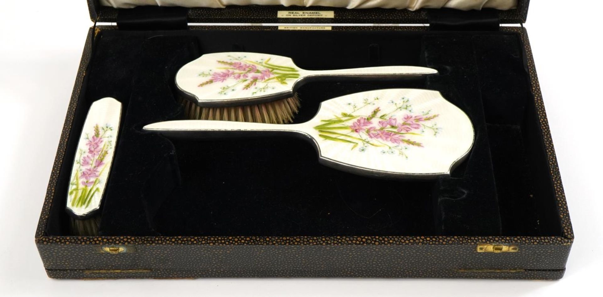 William Suckling Ltd, George VI silver and enamel three piece dressing table set housed in a - Image 2 of 4