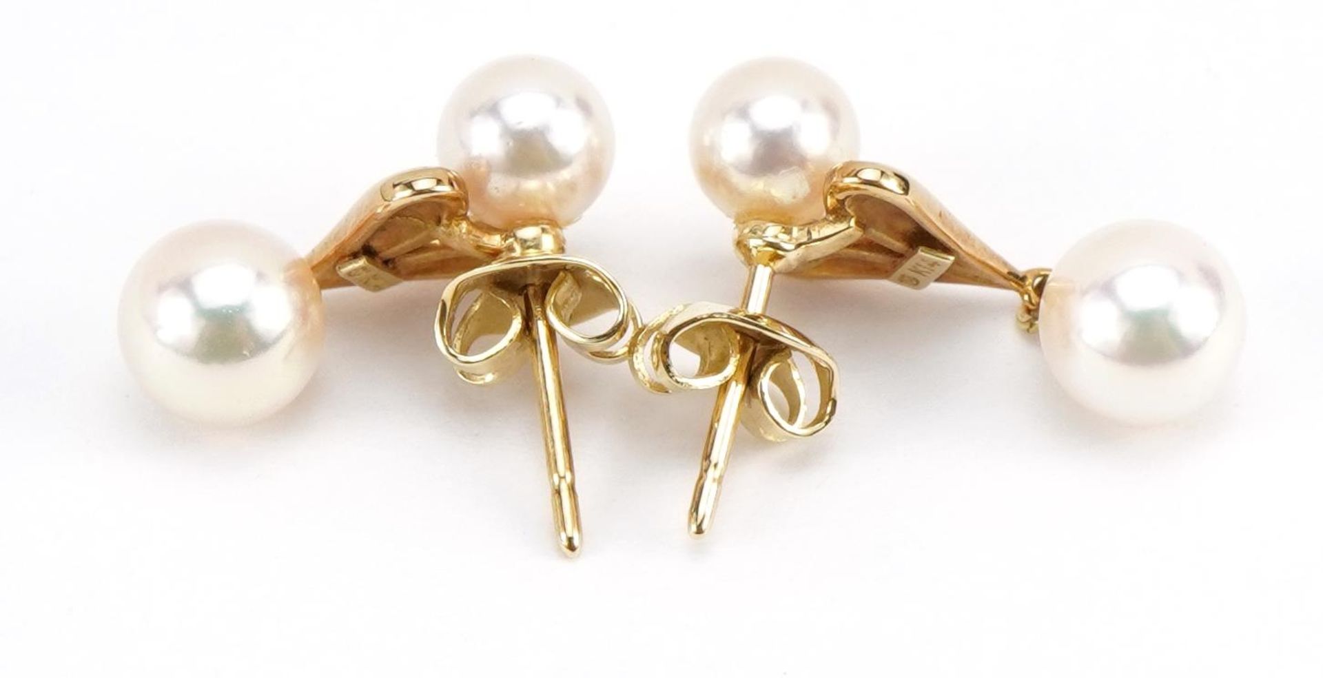 Pair of 14k gold Mikimoto pearl drop earrings housed in a Mikimoto Ginza, Tokyo box, 2.2cm high, 3. - Bild 2 aus 5