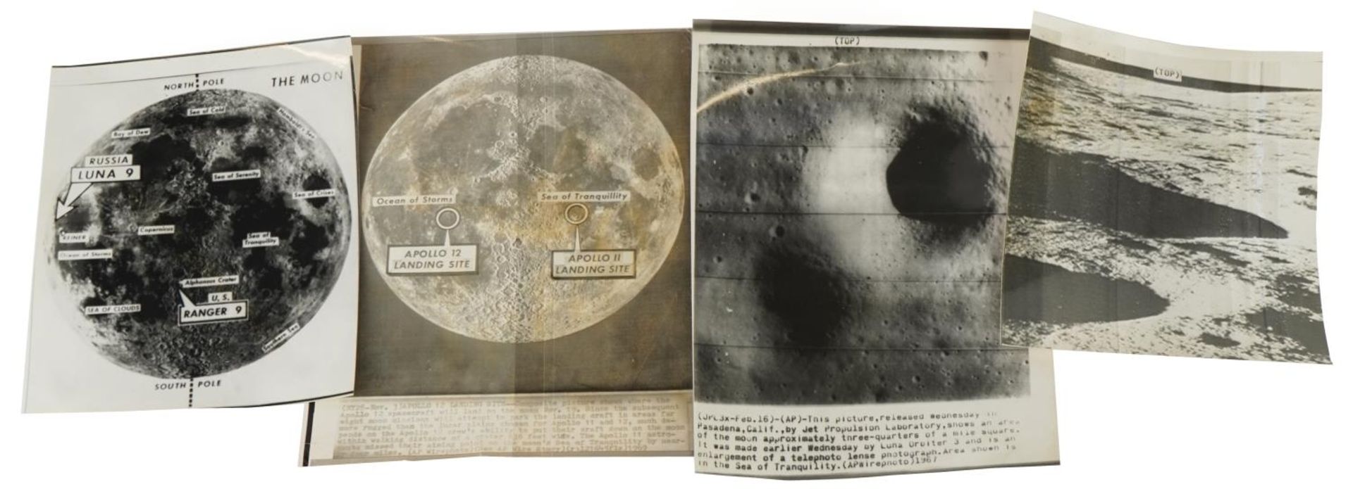 Four mid 20th century black and white press release photographs of the moon, three with paper labels