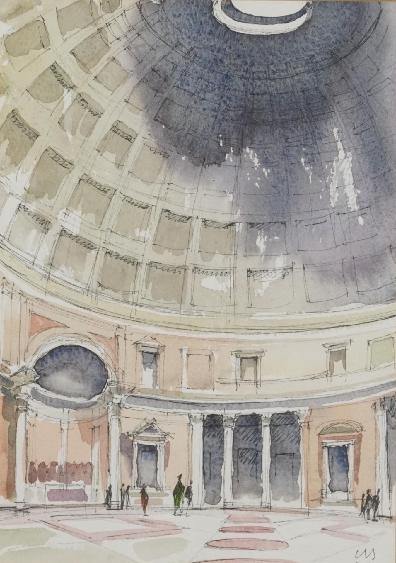 The Pantheon interior, ink and watercolour, label verso, Colin Stansfield Smith, mounted, framed and