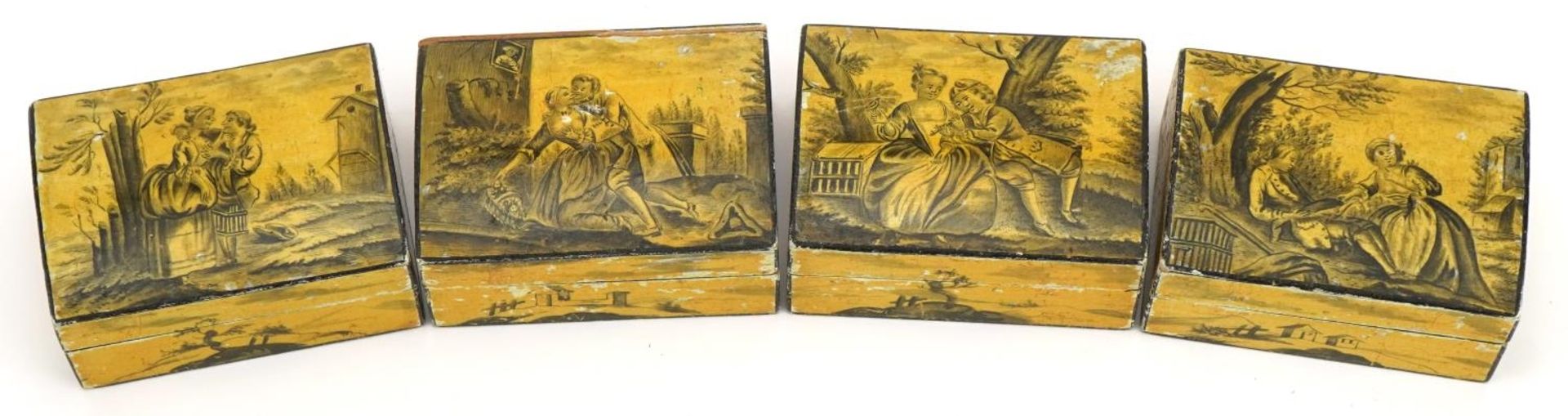 Four 19th century continental lacquered dome top boxes hand painted with classical figures in - Image 2 of 4