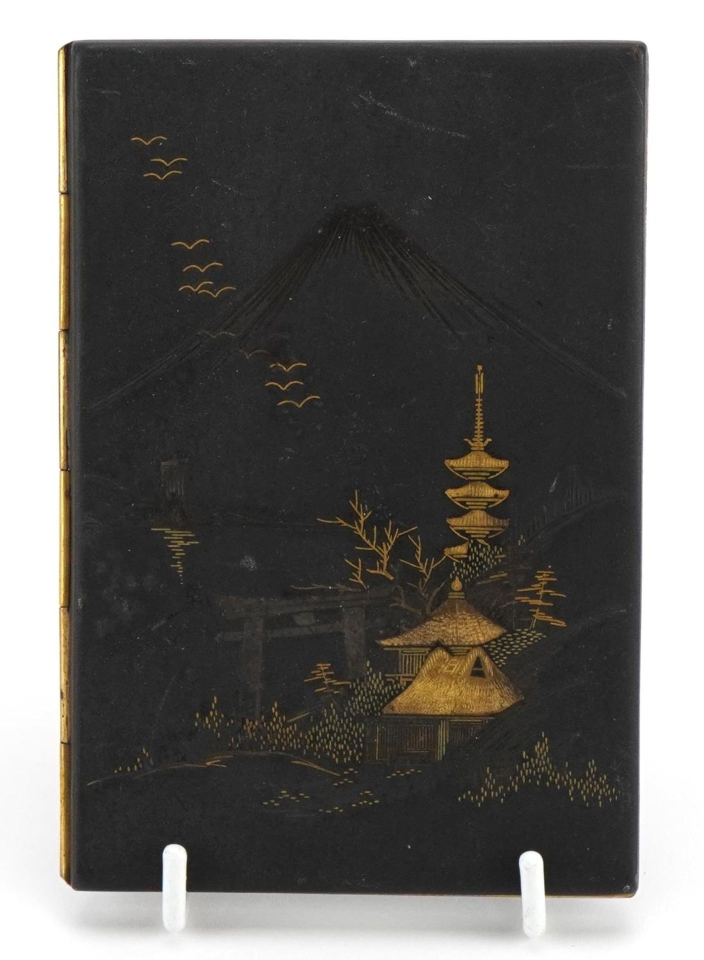 Japanese Komai style damascene cigarette case decorated with Mount Fuji, 8cm x 12cm