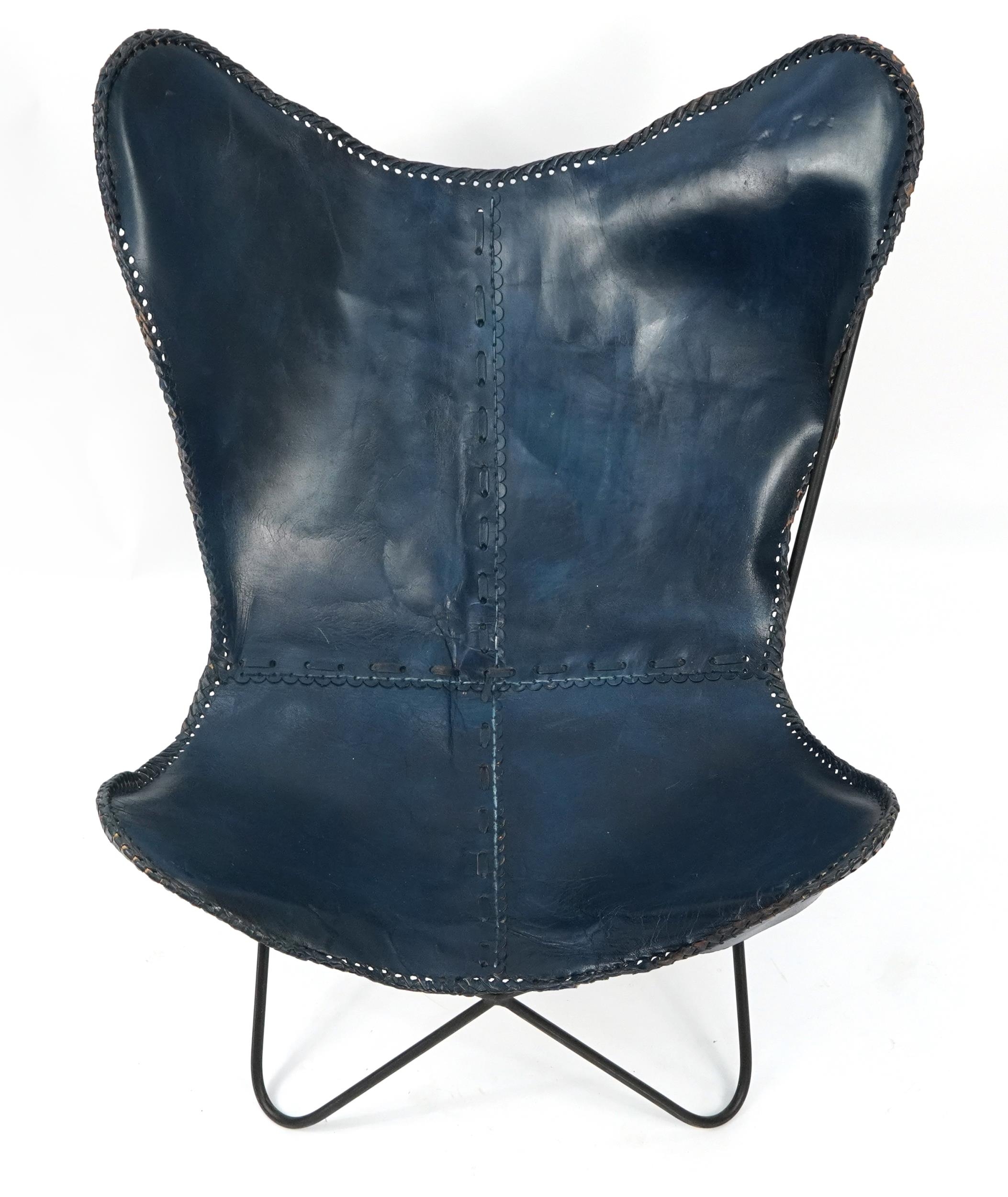 Industrial style blue leather and wrought iron tub chair, 92cm high - Image 3 of 4