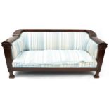 Carved mahogany framed settee with blue striped upholstery, 185cm wide