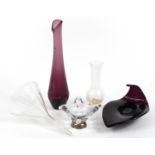 Art glassware comprising amethyst leaf bowl, amethyst vase, two clear glass examples with silver