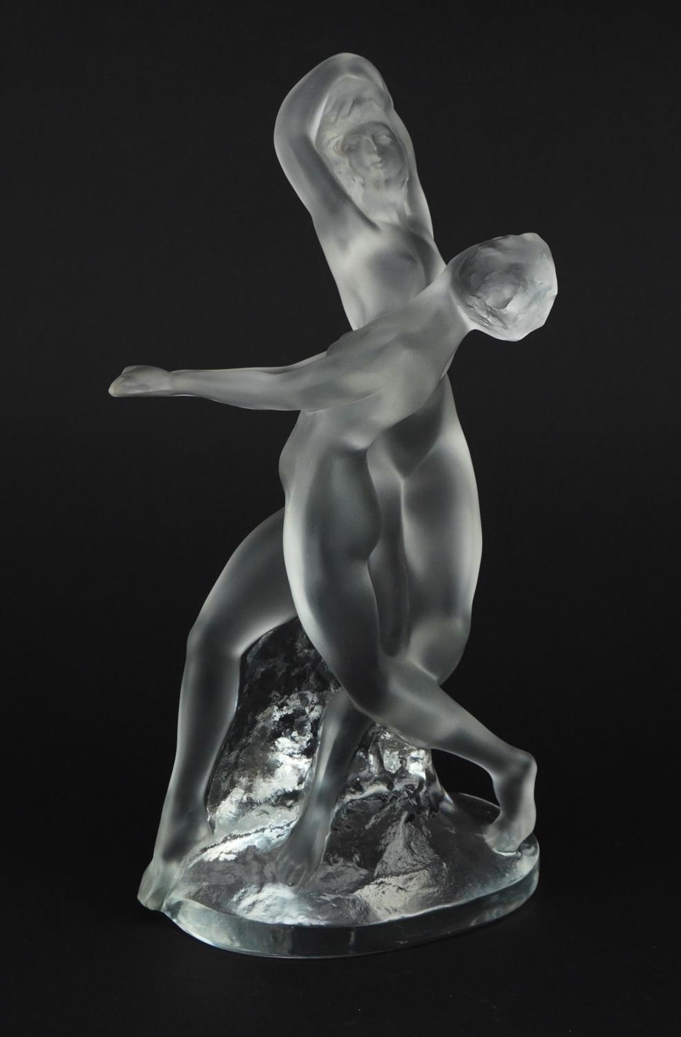 Lalique, French frosted and clear glass Deux Danseuses figure group of two nude female dancers