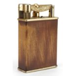 Vintage wooden Penguin gas Argus lighter with gilt metal mounts, 14.5cm high